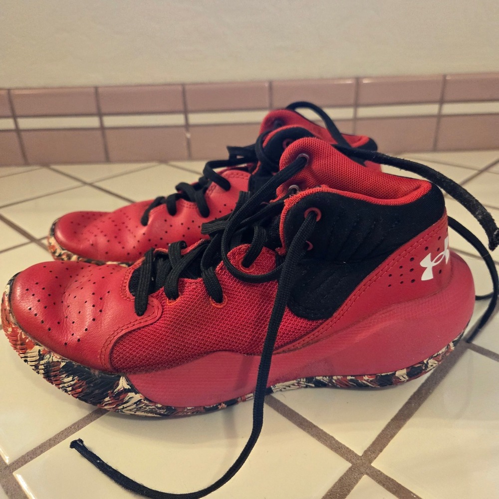 Under Armour Jet 21 Red Black Marble Basketball Shoes 3024794-600 Youth Size 5Y